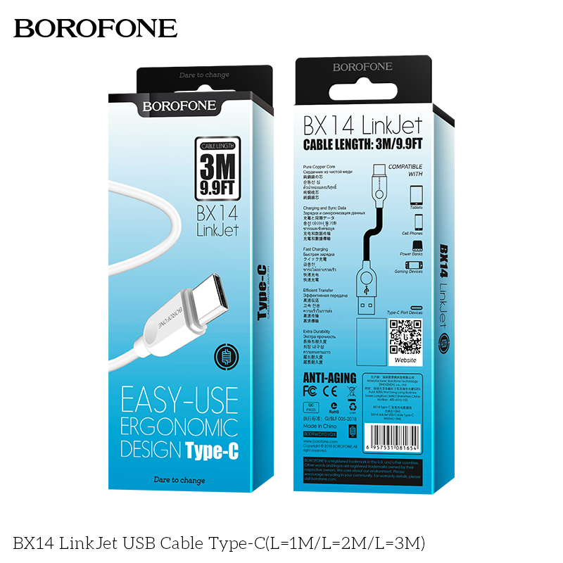 BOROFONE BX14 LinkJet USB-A to USB-C cable 3m NZ 9